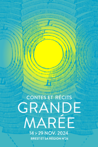 le visuel grande marée 2024 représente une lentille de phare, dans les tons jaune et bleu