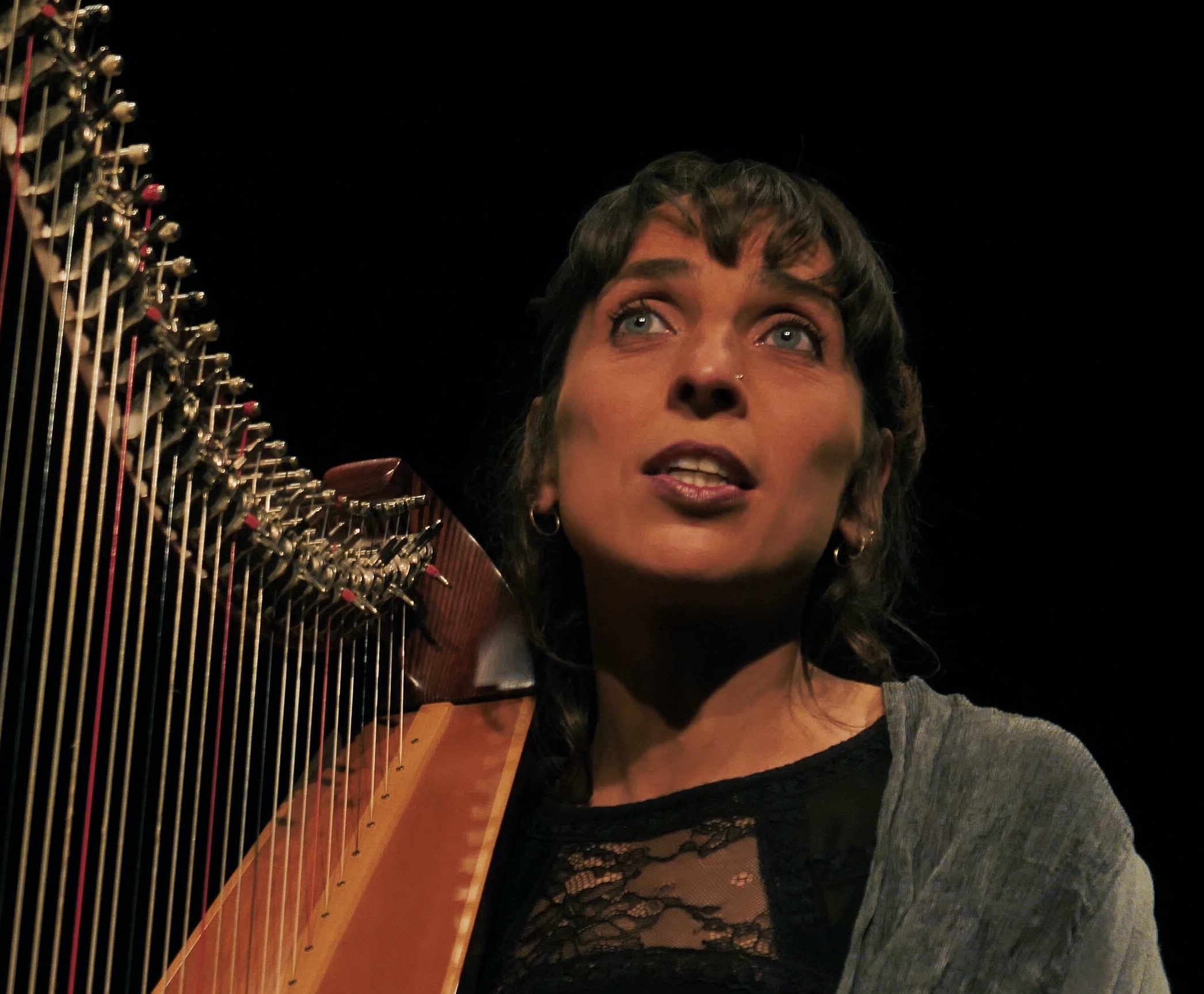 Anne Borlée à la harpe en gros plan.