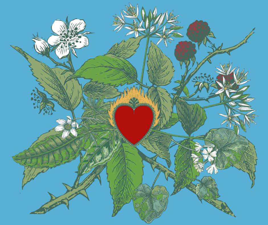 Visuel du festival. Un cœur rouge entouré de végétaux, plantes et fleurs.
