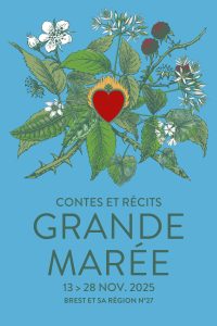 le visuel grande marée 2025 représente un bouquet de ronces et de fleurs sauvages avec un cœur rouge au milieu